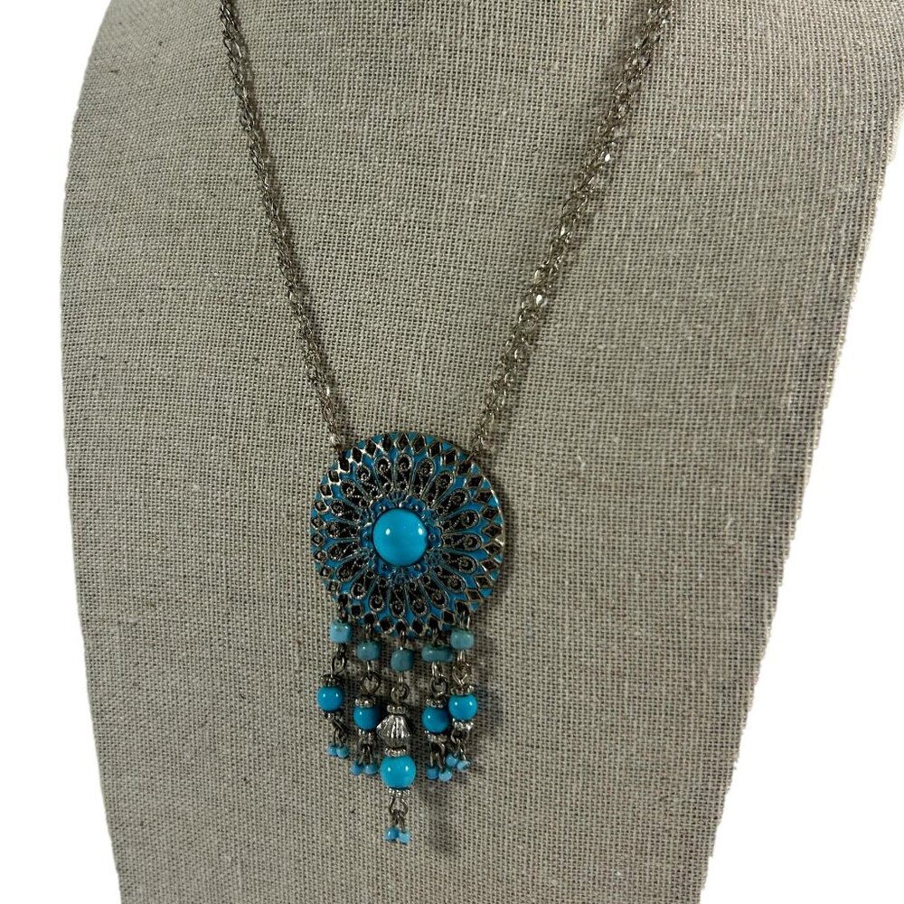 Vintage Avon Necklace Silver Tone Faux Turquoise Medallion Pendant Beaded 16-18"